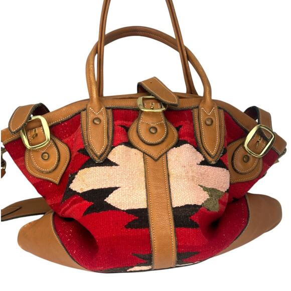Large Artisan Wool Kilim Rug Leather Native Western Tote Overnight Market Bag - Picture 3 of 10